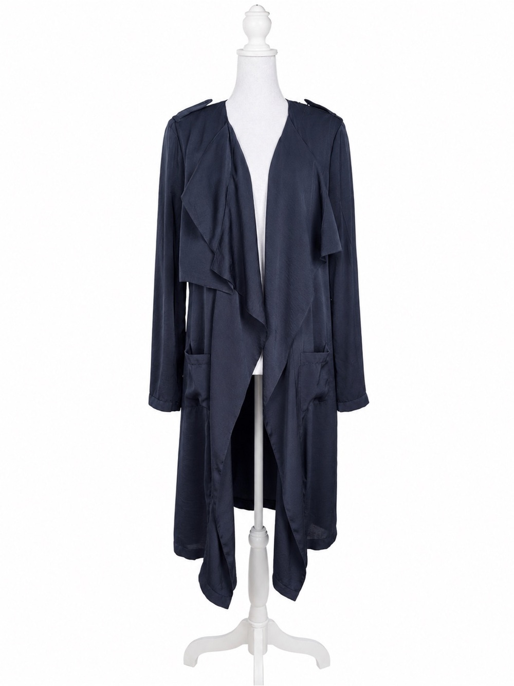 Leith Navy Blue Longline Drape Open Front Belted Cardigan Jacket Size M